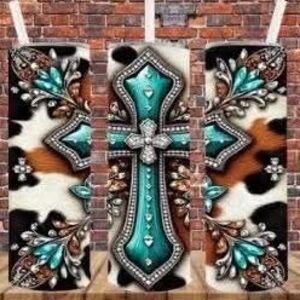Turquoise Cross Tumbler with Cow Print